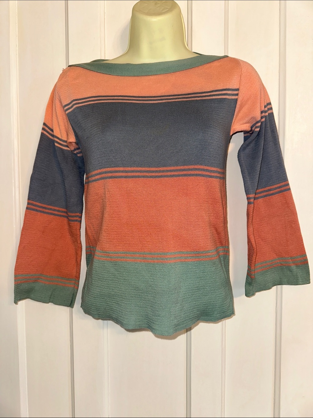 Vtg 70s/80s Melange Striped Boatneck 3/4 Sleeve Sweater in Pink, Green & Blue